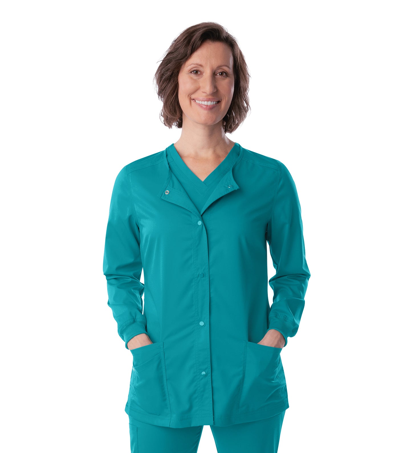 3038 - ProFlex Women Stretch Snap Fnt Crew Neck 3 Pkt Jacket