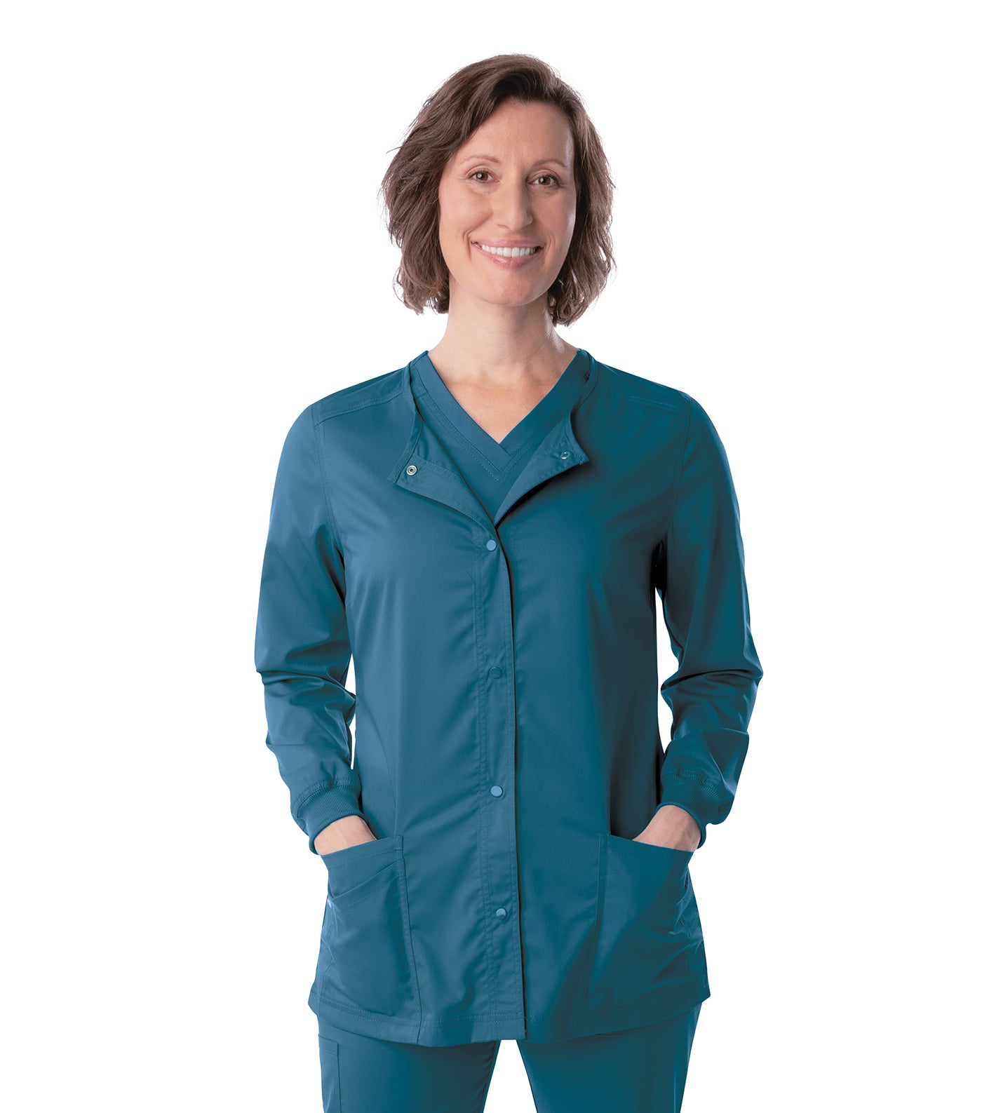 3038 - ProFlex Women Stretch Snap Fnt Crew Neck 3 Pkt Jacket