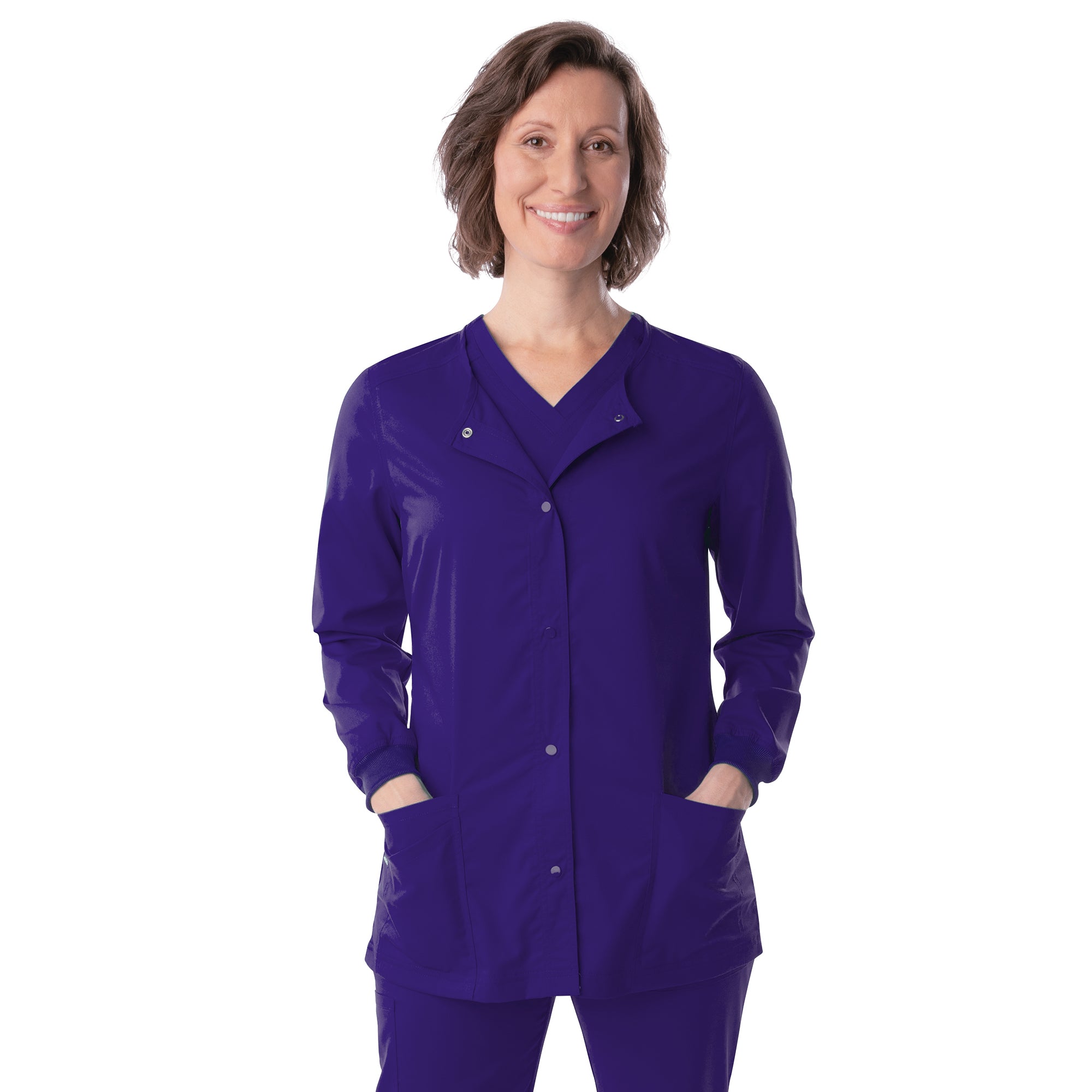 3038 - ProFlex Women Stretch Snap Fnt Crew Neck 3 Pkt Jacket